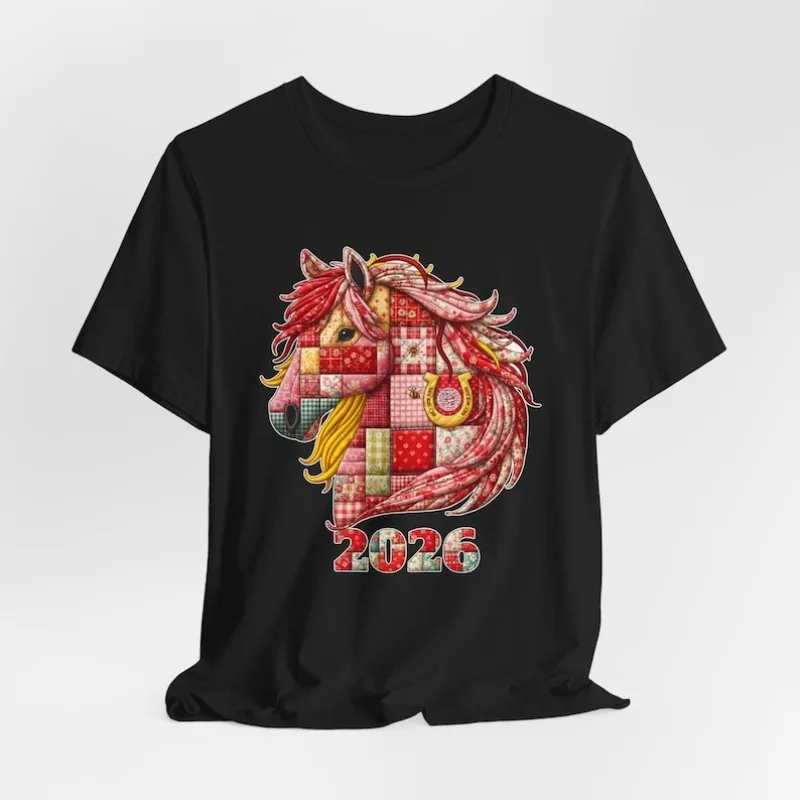 Patchwork Horse New Year 2026 Tee | Lunar Year Celebration Shirt Crew Neck Funny Outdoors High Quality Cotton Short-sleev Tees