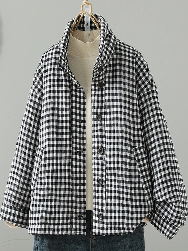 

Thiened классическое клетчатое хлопковое льняное женское пальто с воротником-стойкой, корейская версия, длинное пальто све в прямом стиле