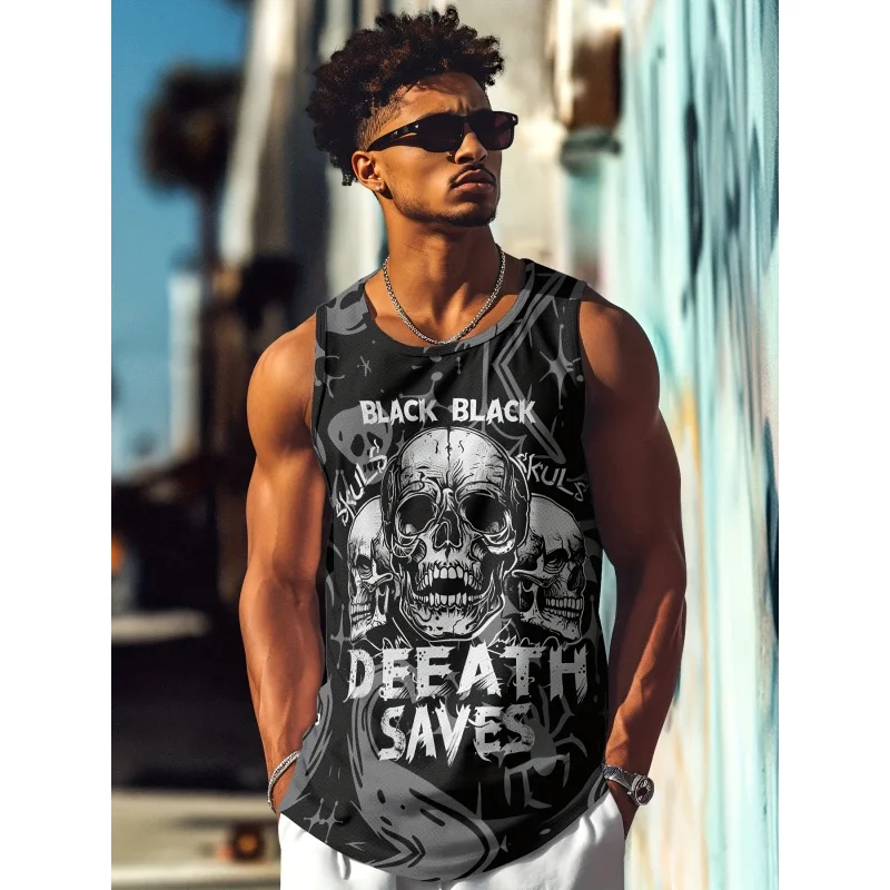 남자를위한 멋진 유령 해골 패턴 탱크 탑 핸드 스네이크 3D 프린트 티셔츠 여름 대형 스포츠 라운드 넥 조끼 스트리트 탑스