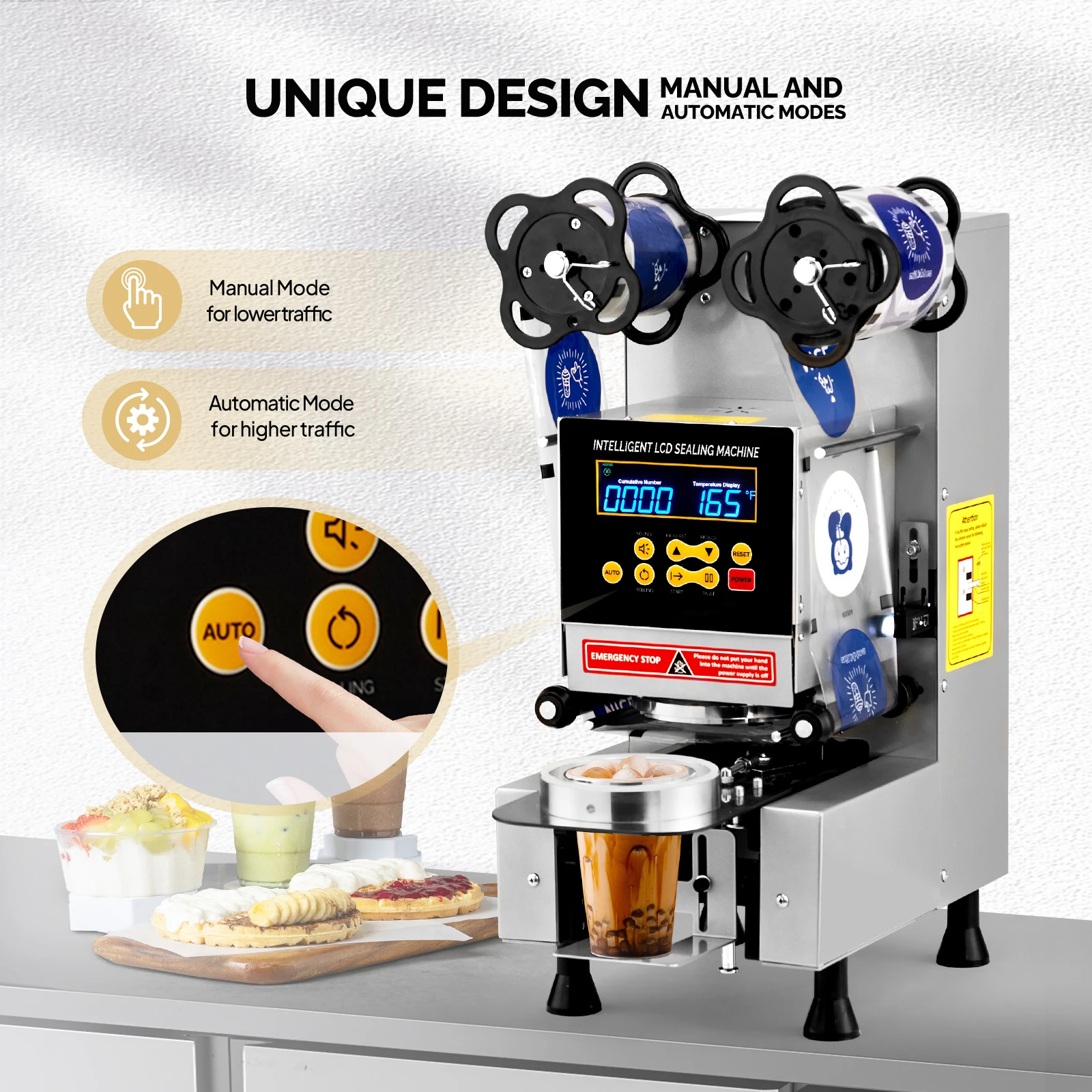 Máquina elétrica de selagem de copos com display LCD inteligente para café de chá de leite com bolhas, 500-650 xícaras/H, copo 88/89/90/95 mm, prata