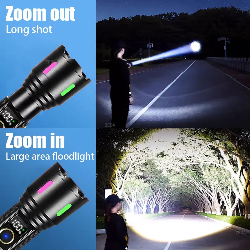 2025 Ultra Powerful 10000000LM LED Flashlight Flashlight Fluorescent Long Range 3500M Zoom Torch Rechargeable High Power Lamp
