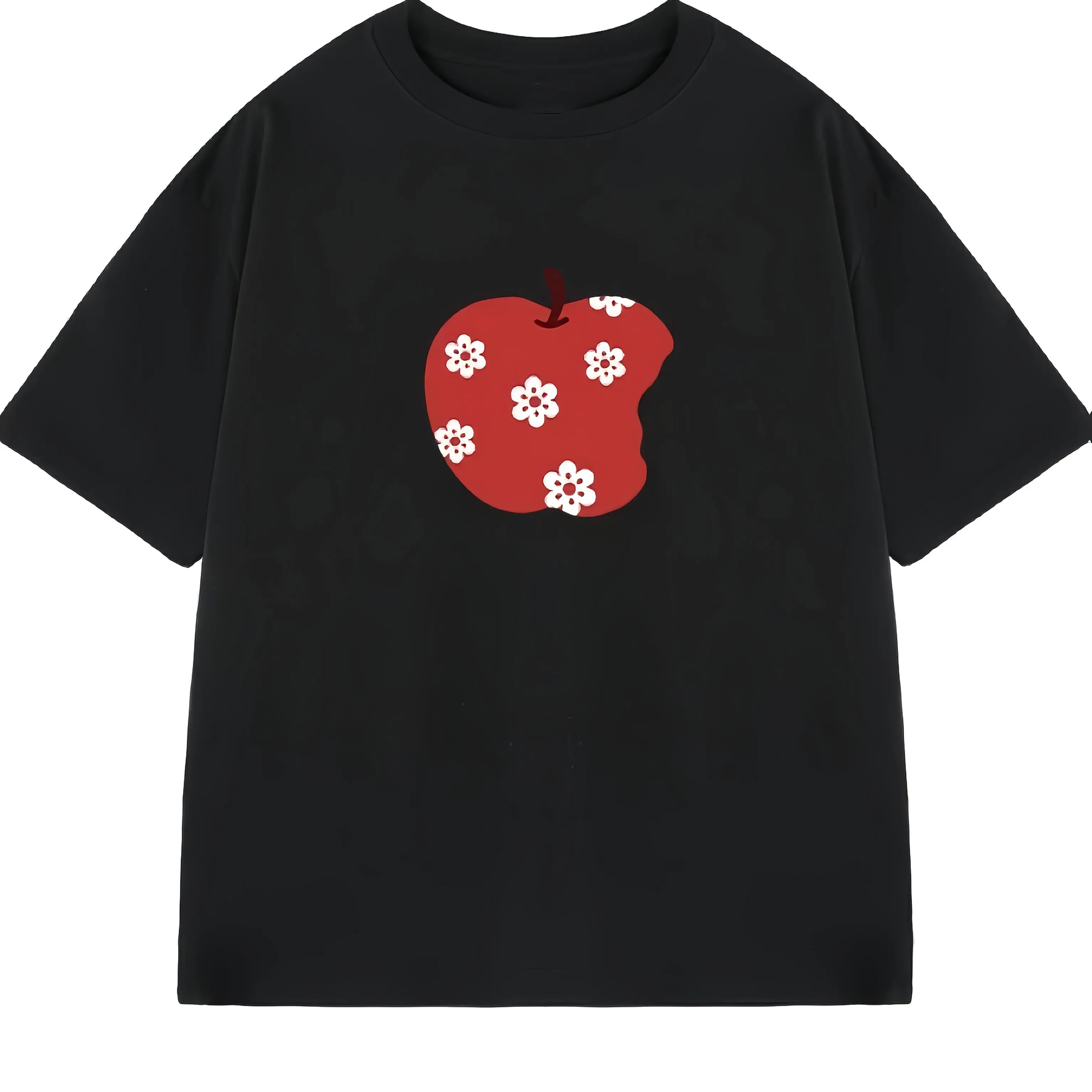 Women's Plus Size Red Apple and Floral Print T-shirt Pure Cotton Breathable Fashionable and Versatile Unisex Oversized