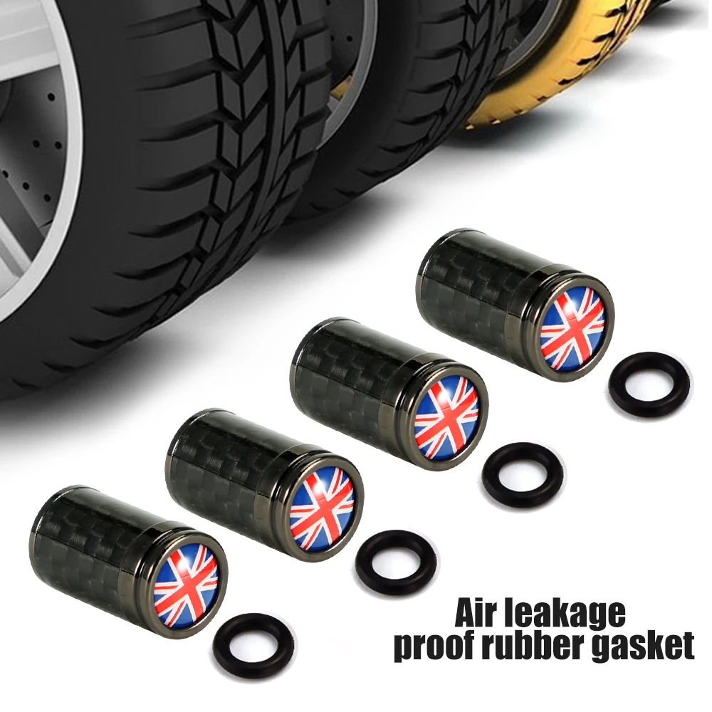 4Pcs/Set Union Jack Flag Style Carbon Fiber Car Wheel Tire Valve Stem Air Cap for Pickup, Lorry, Trucks, SUV, Motorcycle, Bike