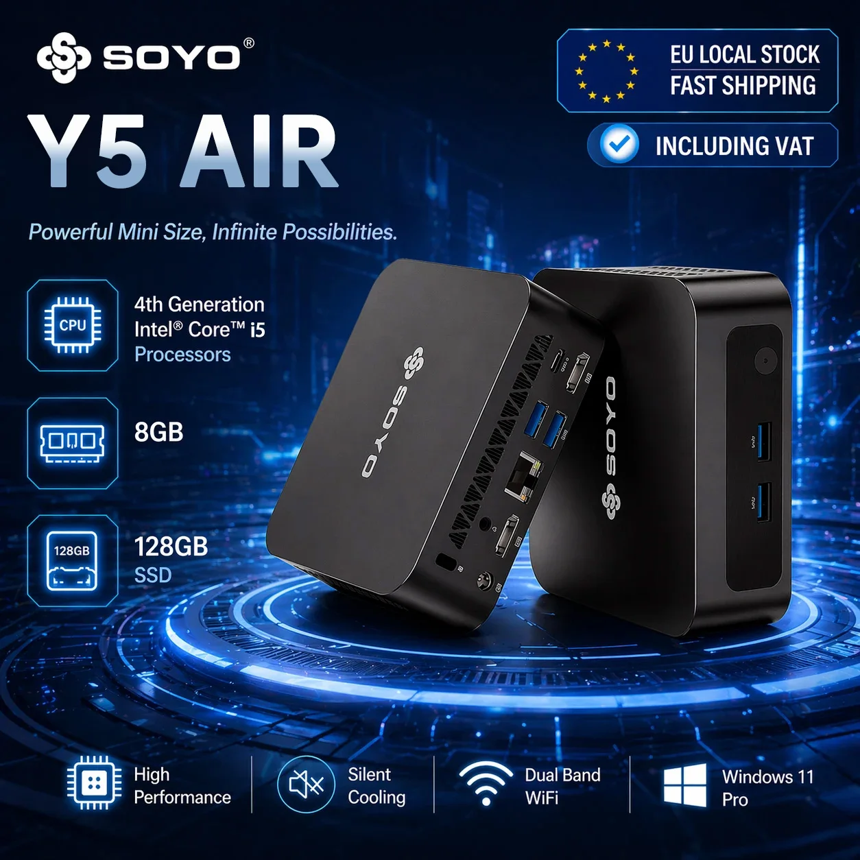 SOYO Y5 AIR Mini PC processeur i5-4250U 8 Go de RAM 128 Go SSD Windows 11 PRO Bluetooth WIFI5 Mini ordinateur de bureau