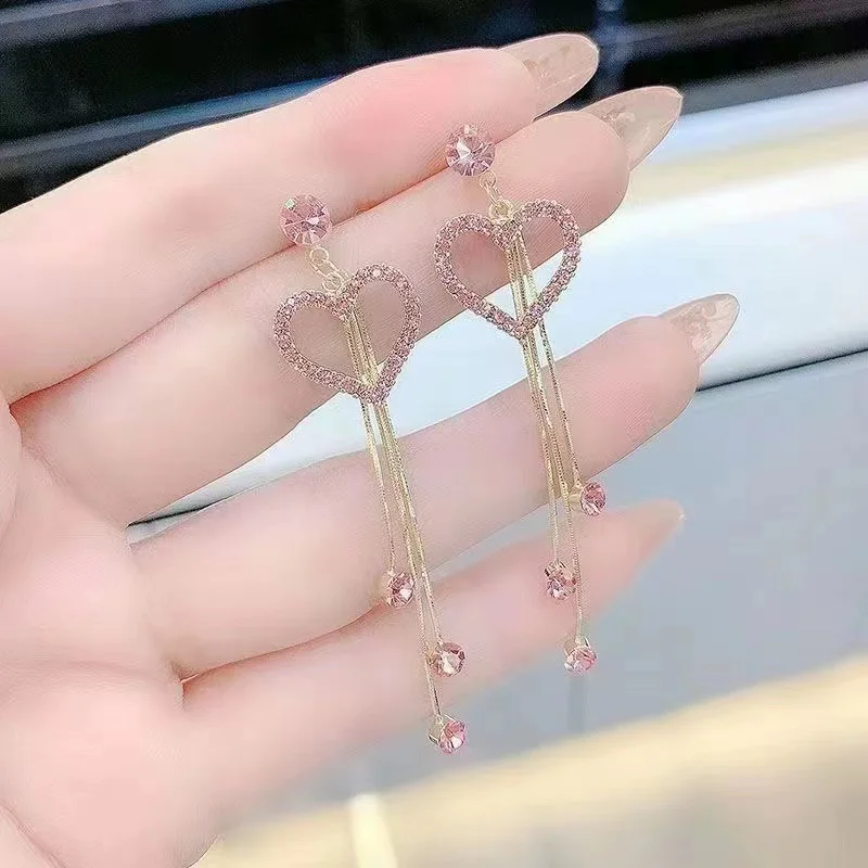 New Korean Pink Crystal Butterfly Drop Earrings For Women Love Heart Shape Long Tassel Dangle Earring Wedding Party Jewelry Gift