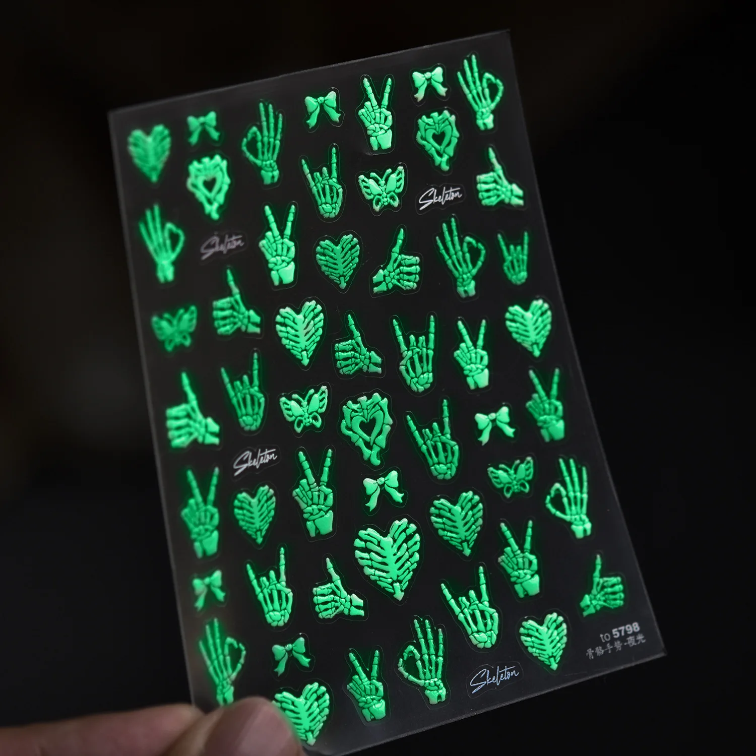 3D Luminous Skeleton Hand Nail Stickers Cute Cat-eye Skeletal Gesture Decals Punk Heart Bow Halloween Party Manicure Accessories