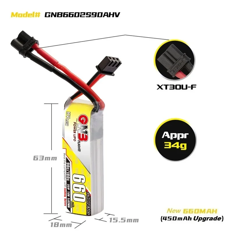 Baterai Lipo HV MAX 90C/180C GNB 2S 660mAh 7.6V untuk Happymodel FPV balap Cine Whoop BetaFPV RC Drone dengan colokan XT30U-F