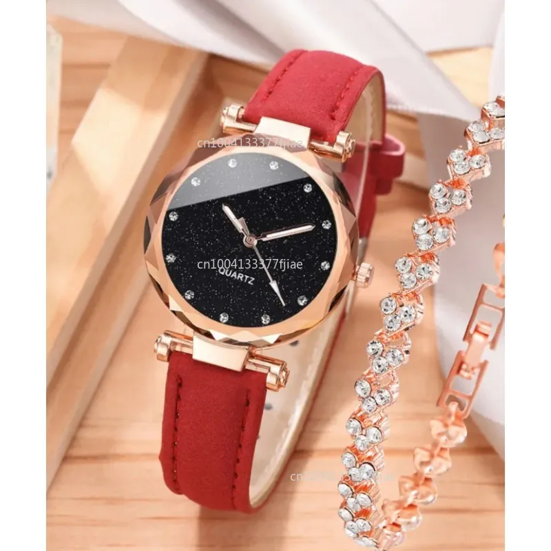 New Powder Diamond Face Women'S Watch Frosted Leather Strap for Women Casual Trend Watch Multifunctional Waterproof Watch