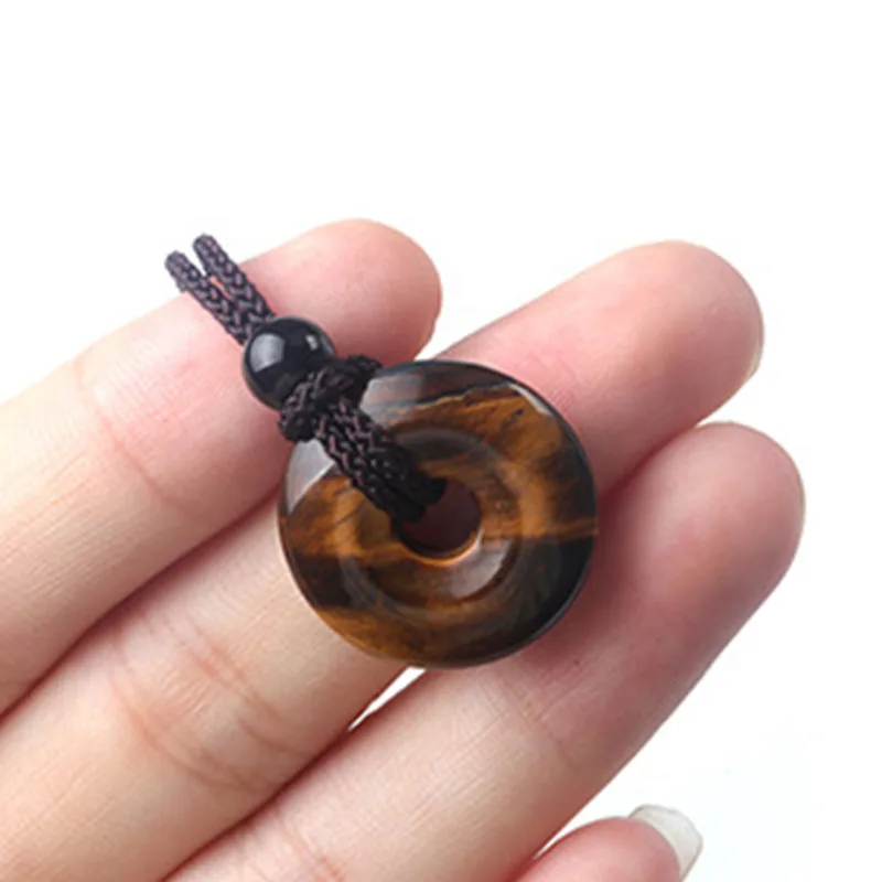 20mm Circle Donut Healing Crystals Stone Pendant Necklace Amulet Lucky Charm Adjustable Braided Rope Necklaces for Men Women