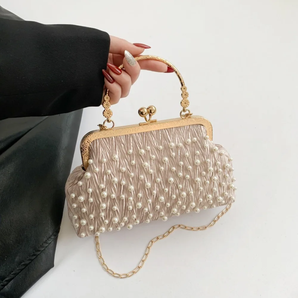 

Artificial Pearl Diamond Inlaid Shoulder Bag Metal Chain Messenger Bag Lady Banquet Shell Bag Fashion Evening Handbag