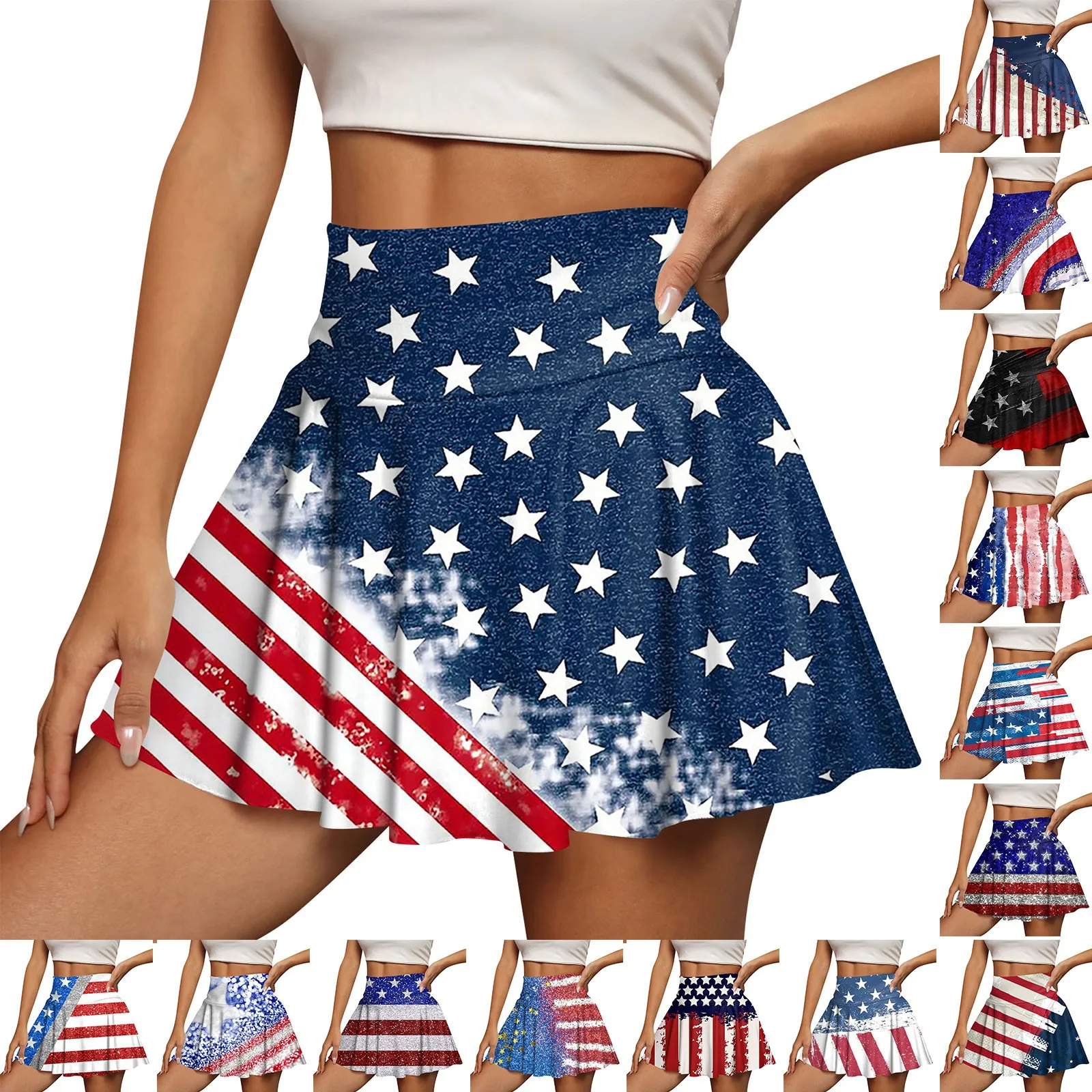 Independence Day American Flag Printed Sports Skirt Lined Workout Running Skirt High Waist Sportswear Skirt Fashion Women Skirts