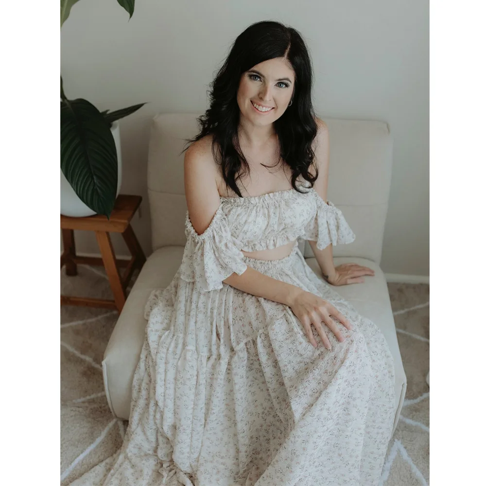 Umstandskleid, schulterfrei, süßer Druck, Chiffon, Umstandskleid, Babyparty, Geschlecht offenbarenes Kleid, Schwangerschafts-Fotoshooting-Kleid