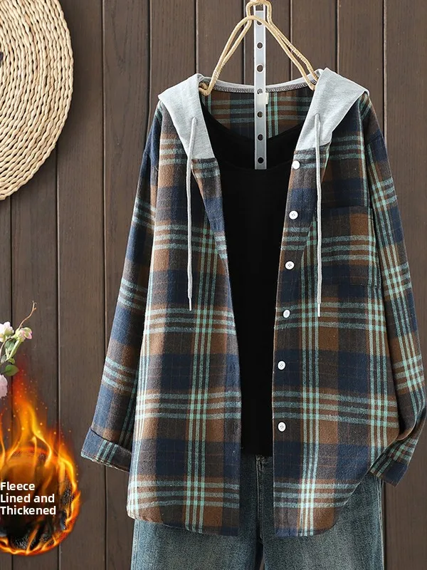 Talla grande de moda suelta larga Sve con capucha a cuadros irt Jaet mujeres Thiened cárdigan abierto falso de dos piezas irt Jaet otoño...