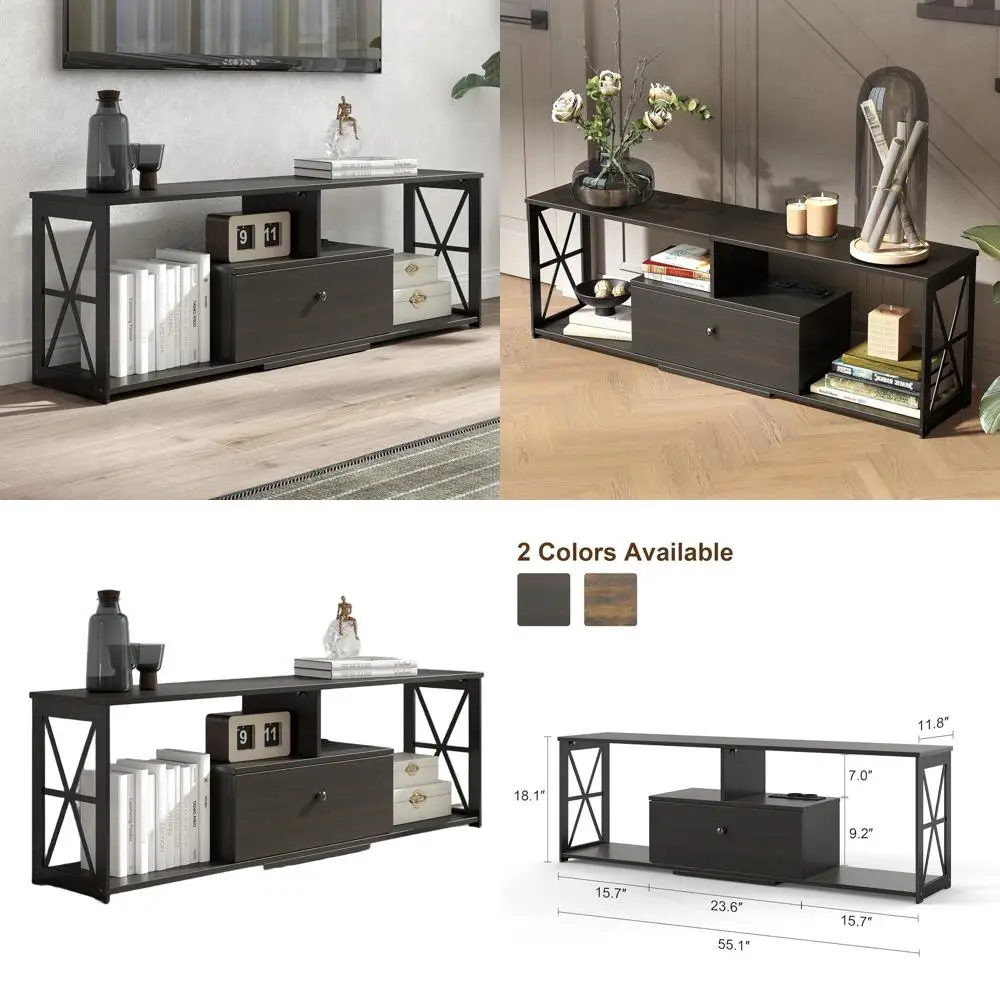 

Industrial Style 55 TV Stand with Wood Drawers and Open Shelves for Living Room and Bedroom