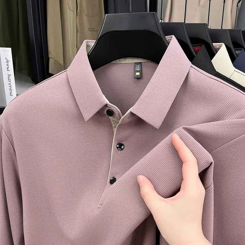 En Long Sleeve Polo Shirt Lapel Collar Three Button Placket Honeycomb Texture Fabric Business Daily Casual Top