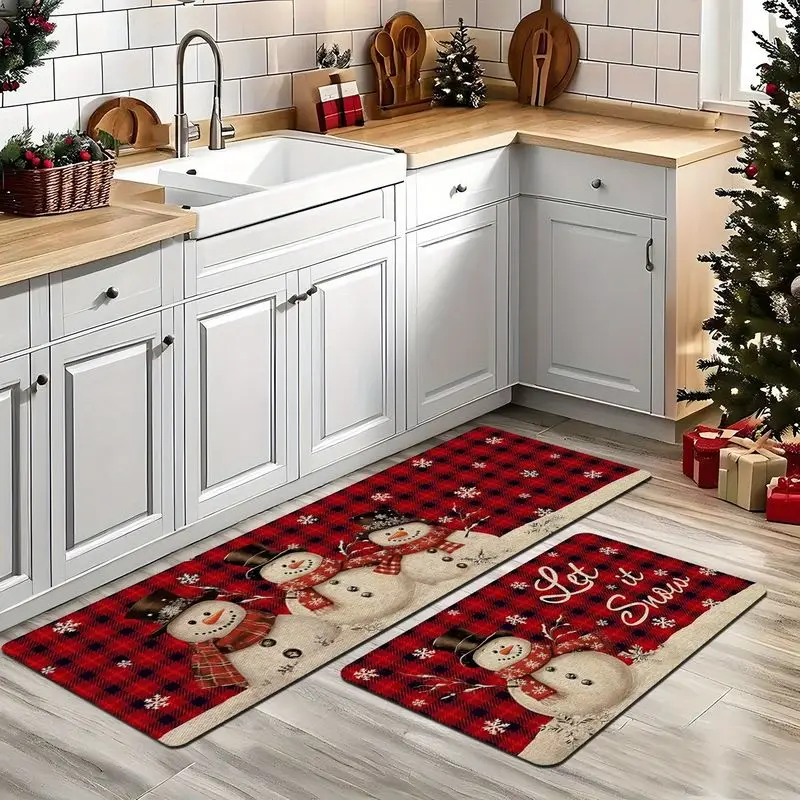 VIKAMA Winter Snowman Kitchen Mat Red Black Buffalo Plaid Let It Snow Non Slip Absorbent Washable Christmas Holiday Decor