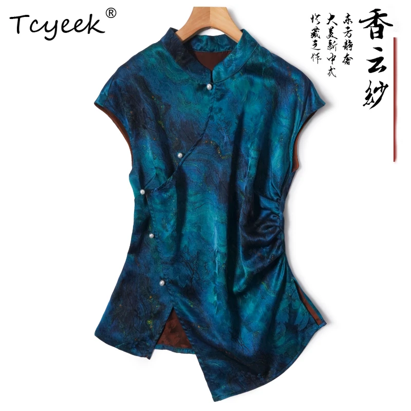 

Tcyeek 100% Mulberry Silk Summer Thin Short Sleeve Tee New Chinese Style Round Neck with Waist Cinched Blue Women's Shirts 여름옷