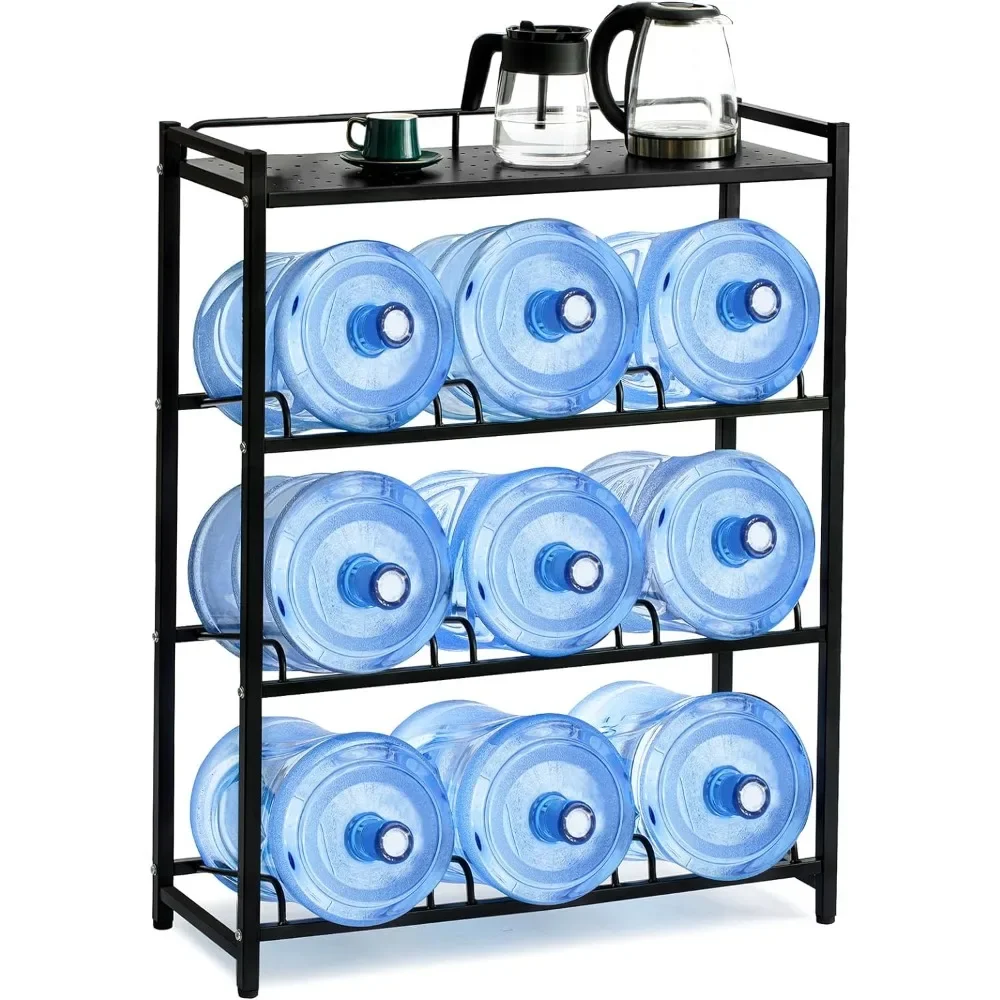 5 Gallon Water Bottle Holder 9Tray 3/5Gallon Water Jug Rack with Top Shelf Heavy Duty 5 Gallon Water Jug Stand for Kitchen,Black