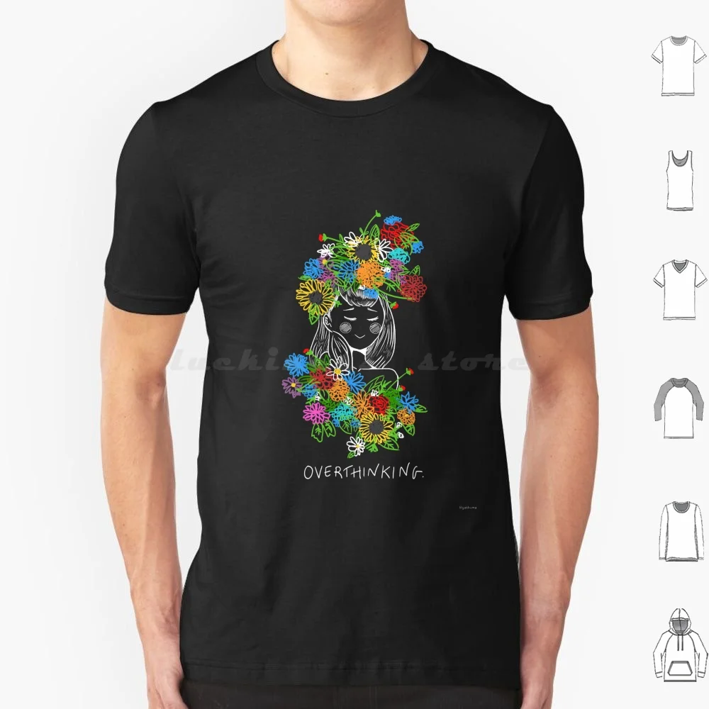 Overthinking. T Shirt Big Size 100% Cotton Delicate Cartoon Woman White Floral New Original Fanart Garden Anime Manga Japanese