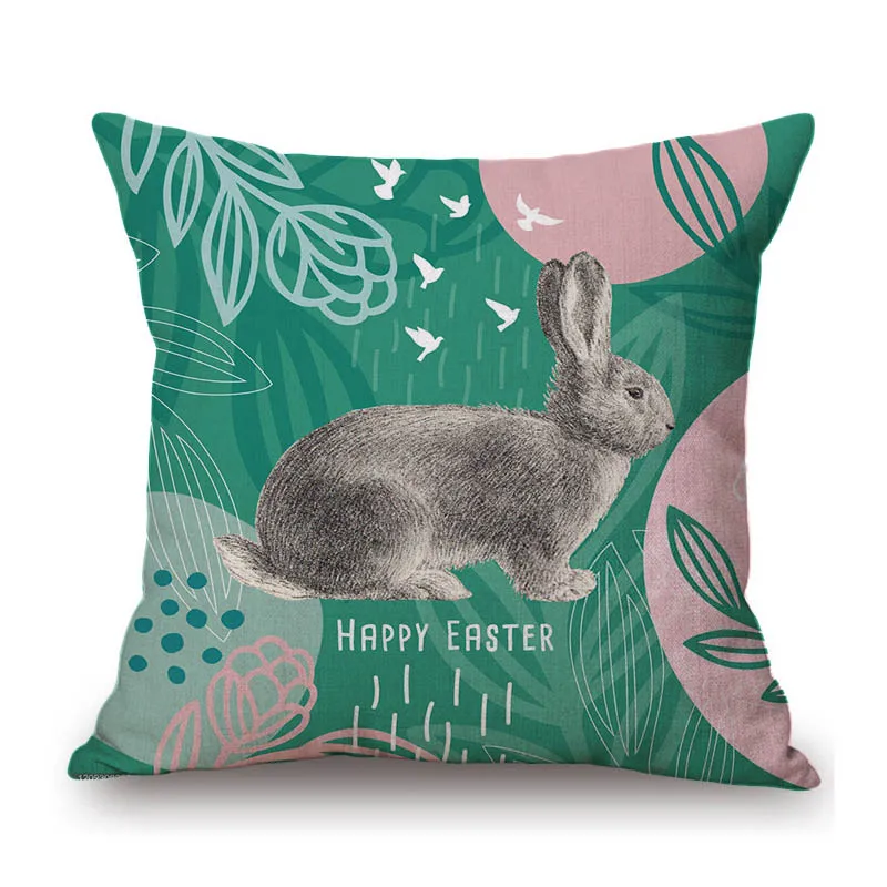 Green Hello Spring Easter Bunny Lovely Cute Rabbit Home Decoration Cotton Linen Sofa Throw Pillow Case  Car Seat Cushion Cover - view 3
