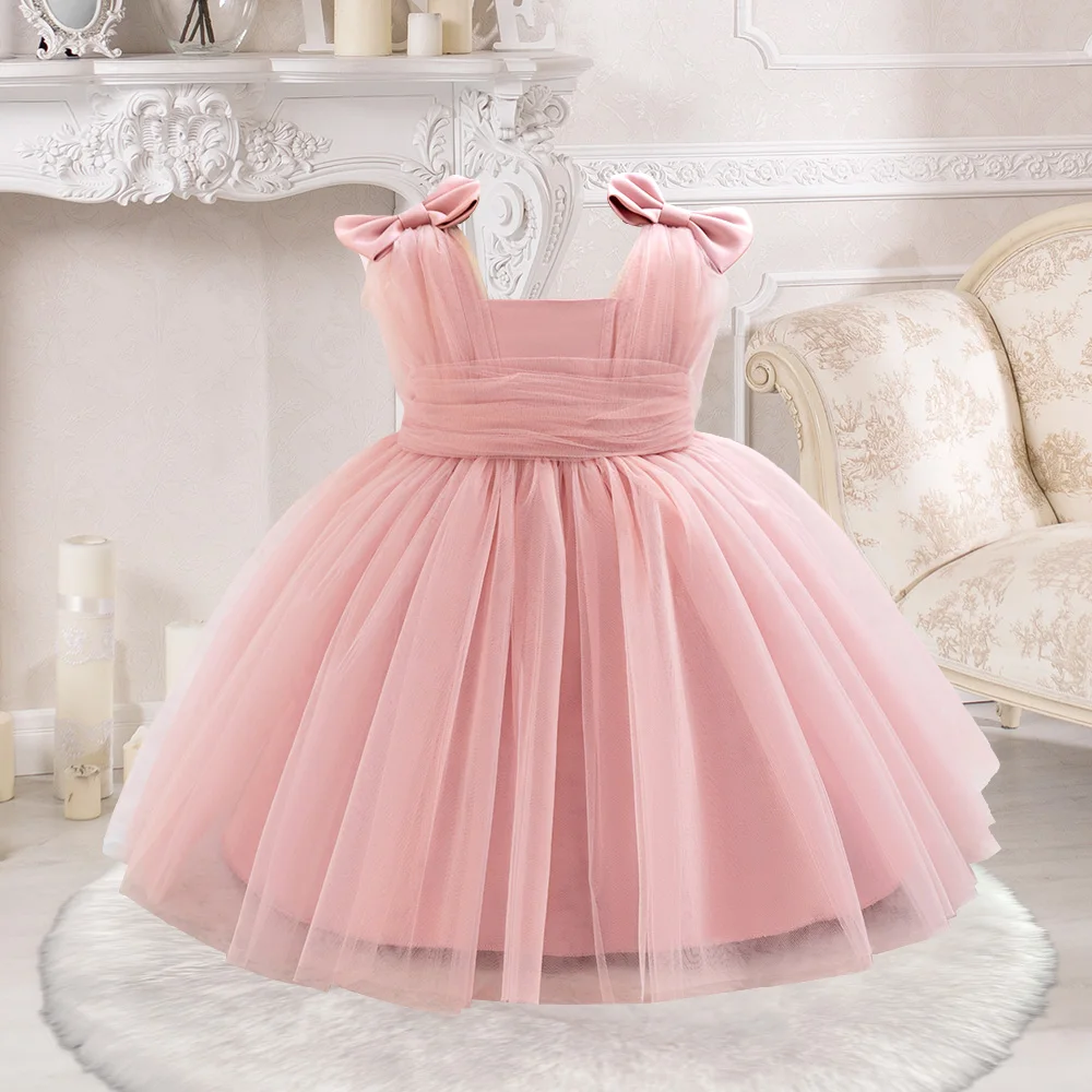 Infant Christmas Bow Baby Girls Party Dresses Elegant Tulle Pink 1st Birthday Princess Prom Dress for Kids Gala Wedding Costume