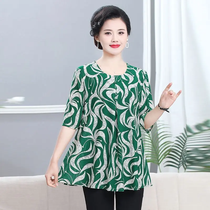 Women Summer Fashion Loose Large Size Elegant Printing O-neck Short Sleeve Shirts Ladies Casual All-match Appear Thin Top Tee