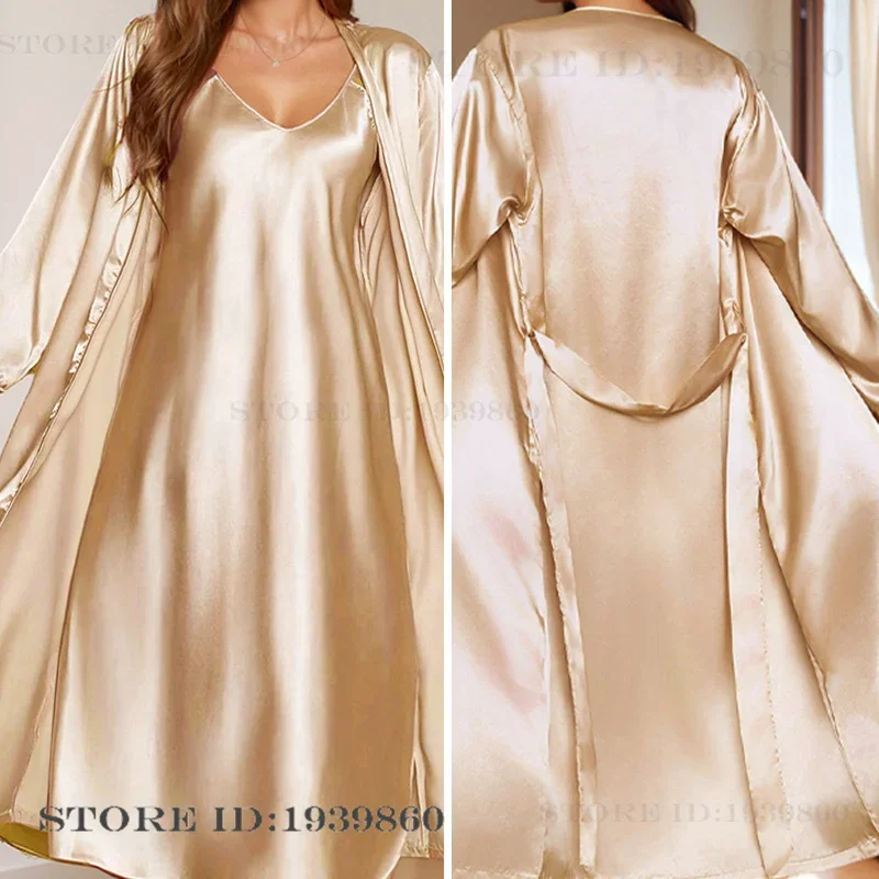 

Elegant Twinset Robe Set Long Nightgown Sexy Female Kimono Bathrobe Gown Spring Summer Silky Satin Sleepwear Home Dressing Gown