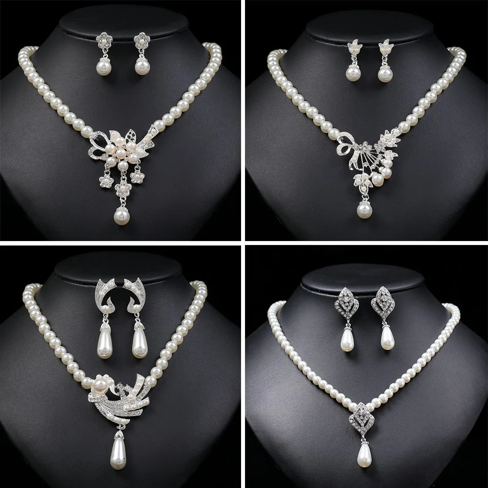 TREAZY Elegant Simulated-pearl Bridal Jewelry Set Rhinestone Pearls Floral Drop NECKLACE EARRINGS Wedding Jewelry Sets for Women