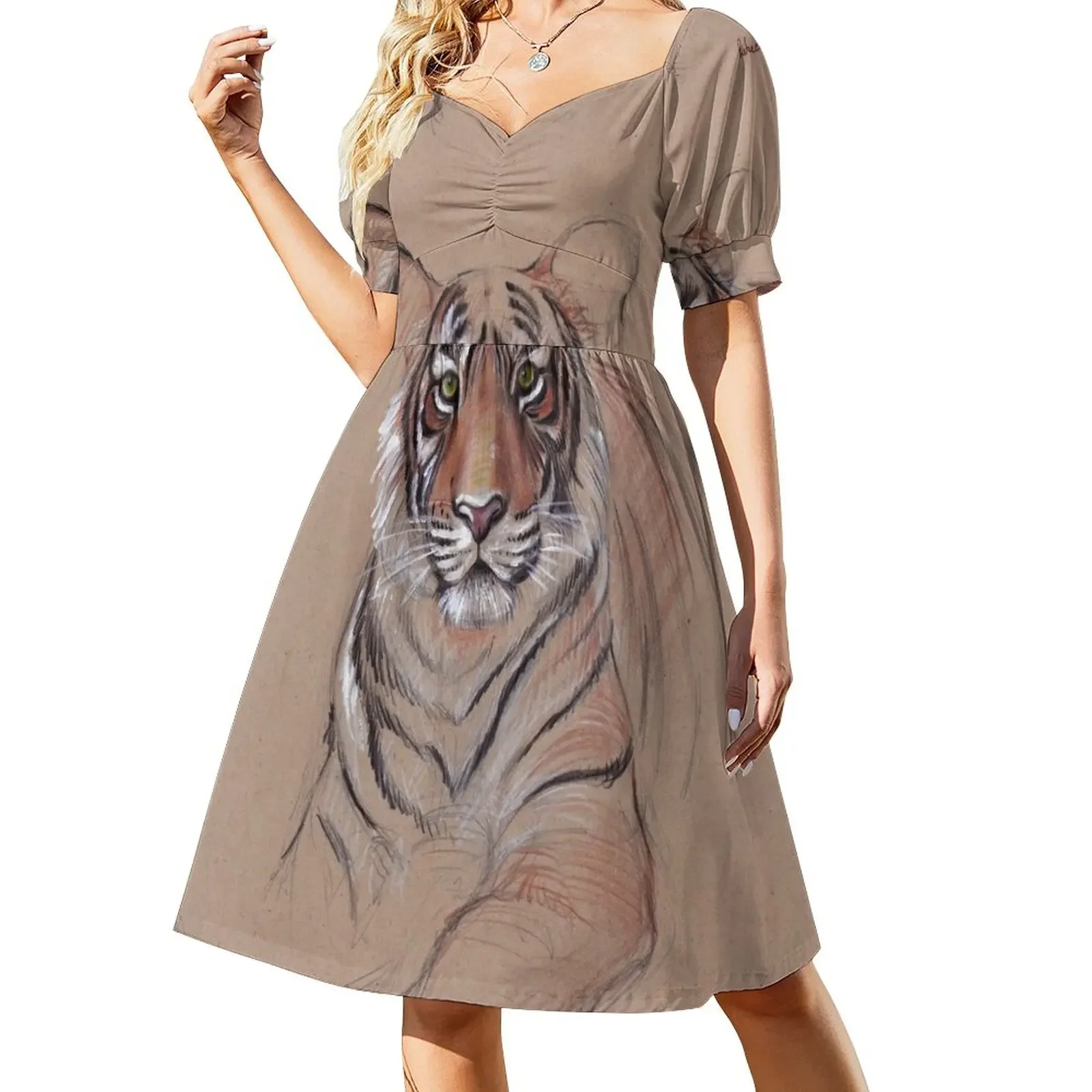 

UNFINISHED BUSINESS - Original Tiger Drawing - Mixed Media (acrylic paint & pencil) Short-Sleeved Dress dress for women summer
