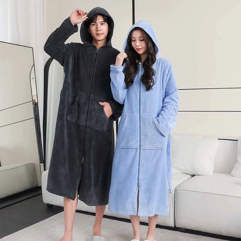 Women Winter Extra Long Thick Warm Bath Robe Plus Size Zipper Luxury Flannel Peignoir Pregnant Bathrobe Men Coral Fleece Robes