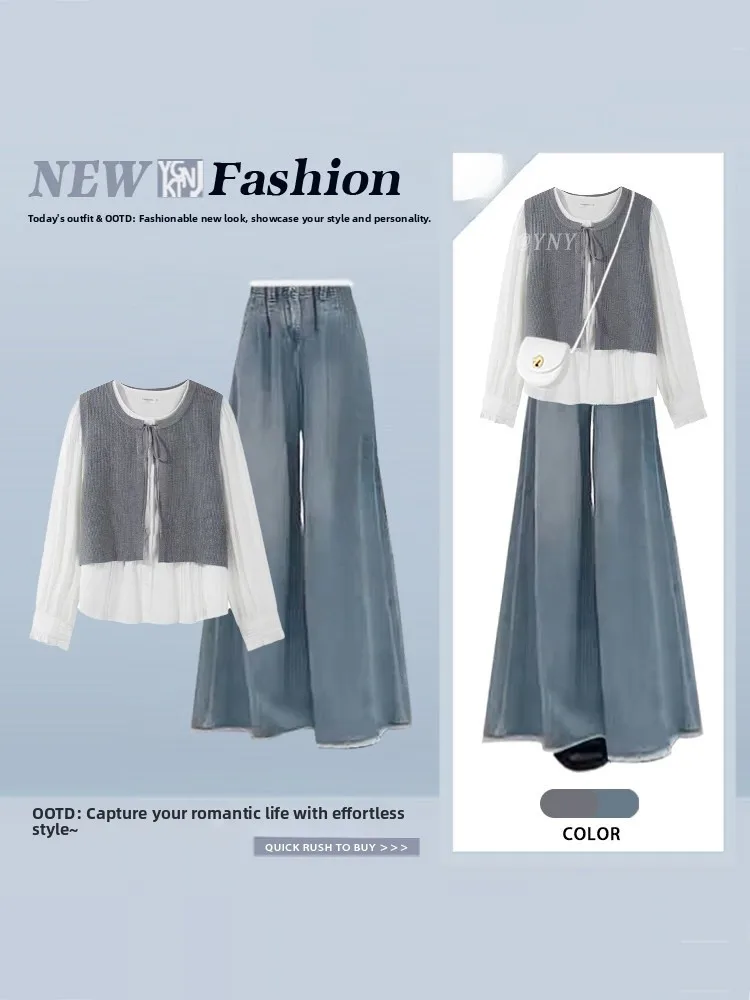 

Korean Style Large Size Shirt And High Waist Jeans Set Summer Loose Long Sleeve Splicing Wide Leg Denim Women's Fashion Ensemble