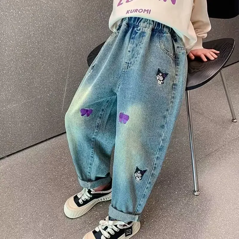 فتاة الجينز ربيع الخريف Kuromi ملابس الأطفال جديد Kawaii الكرتون أنيمي فضفاض فتاة الطفل الخريف الملابس السراويل