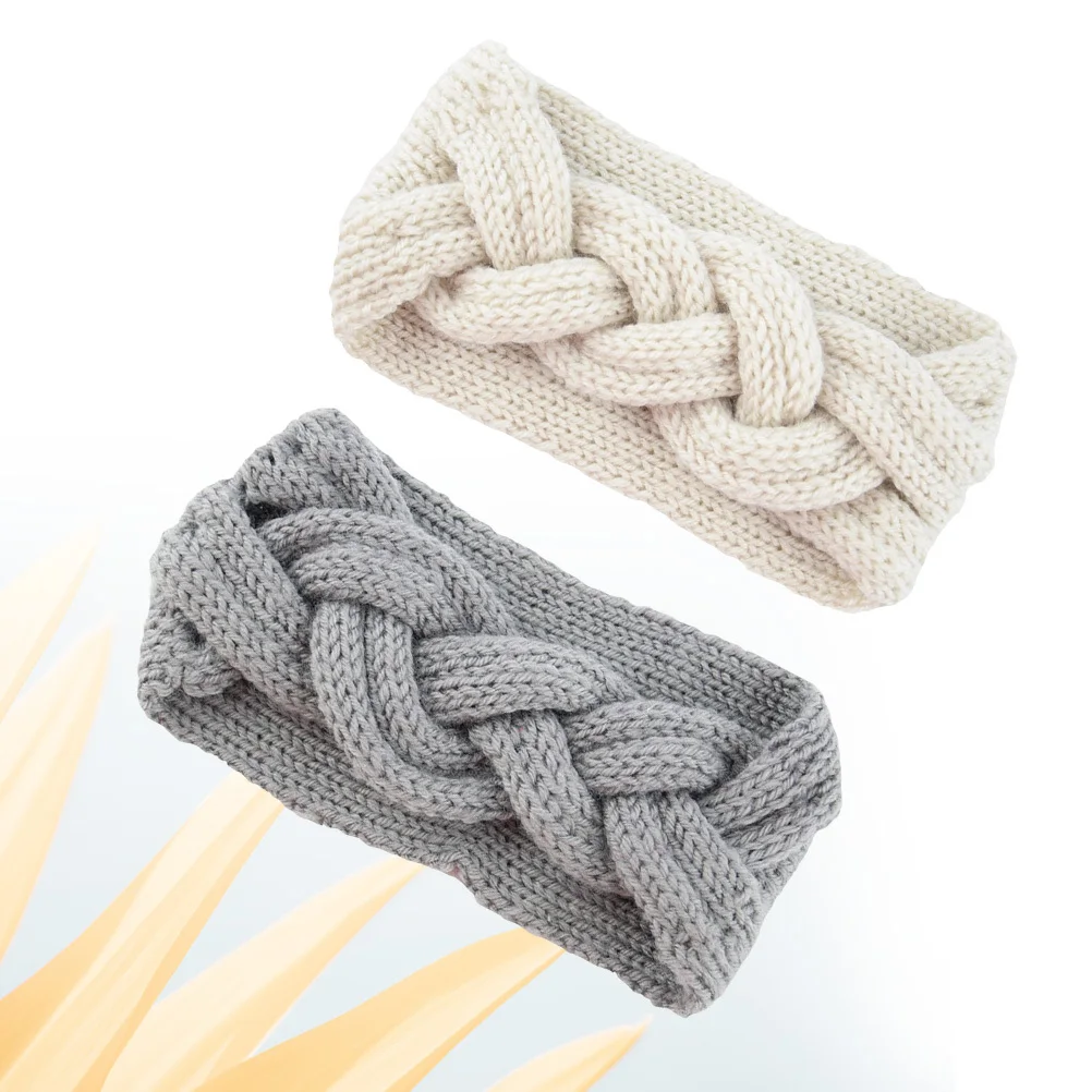 2 قطعة عمامة الكروشيه الدافئة عقال السائبة الموهير محبوك عبر عقدة الأذن أدفأ الشتاء رئيس التفاف هيرباند البيج الرمادي