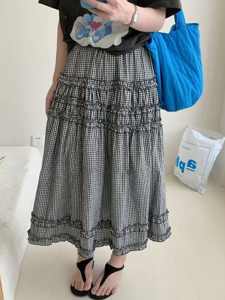 

Beautiful Stringy Selvedge Chic Ruffles Blue Plaid Skirts Elastic Waist Pleated Full Skirts Sweet Young Women Korean Japanese