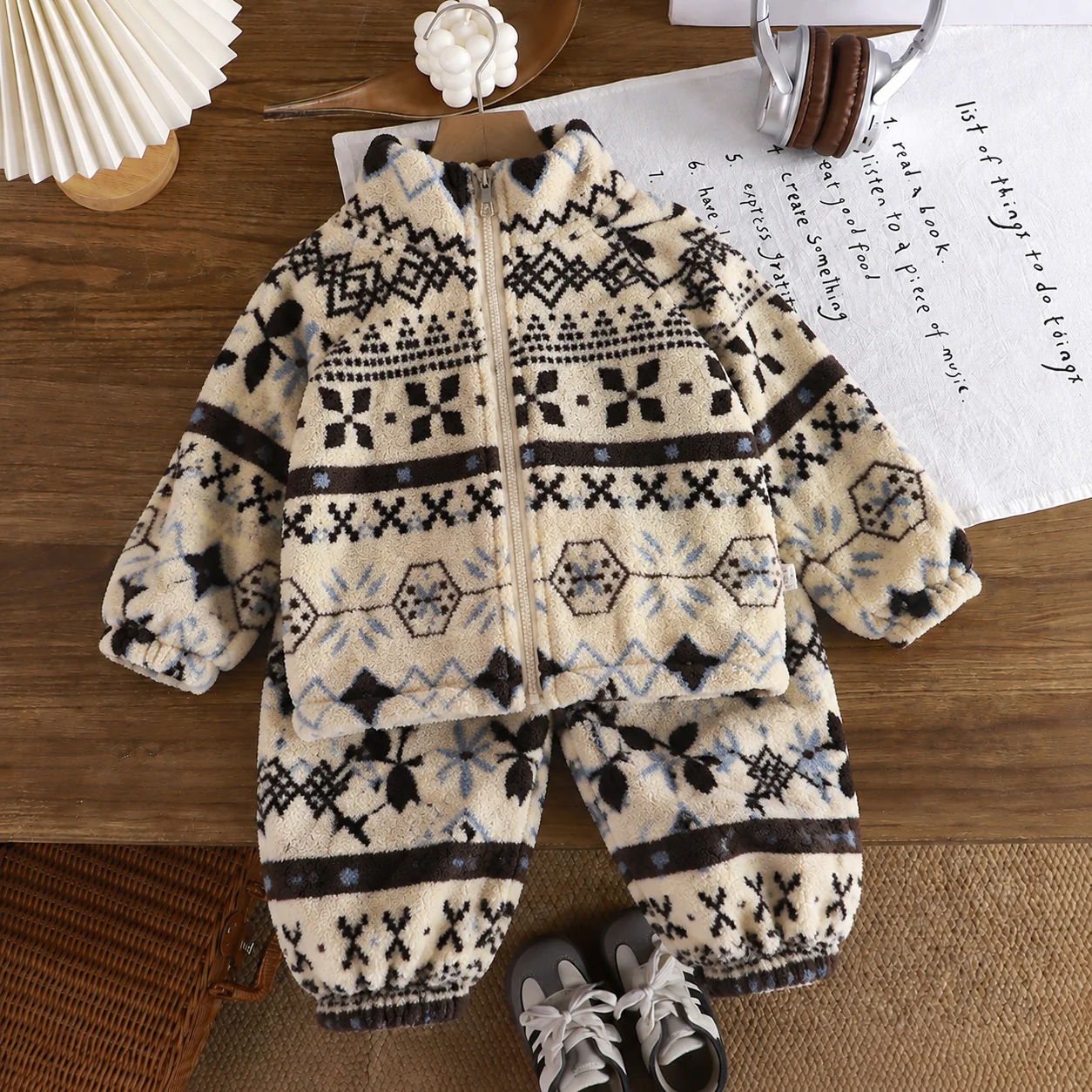Toddler children's boy's clothing Fair Isle fashionable and velvet thickened warm home clothes suit kids clothes girls