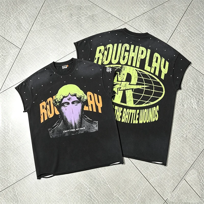 New Rough Play Men T Shirt Art Statue Portrait Graphic Rhinestone Cut Off Sleeveless Tee Destroyed Black Street Tank Top
