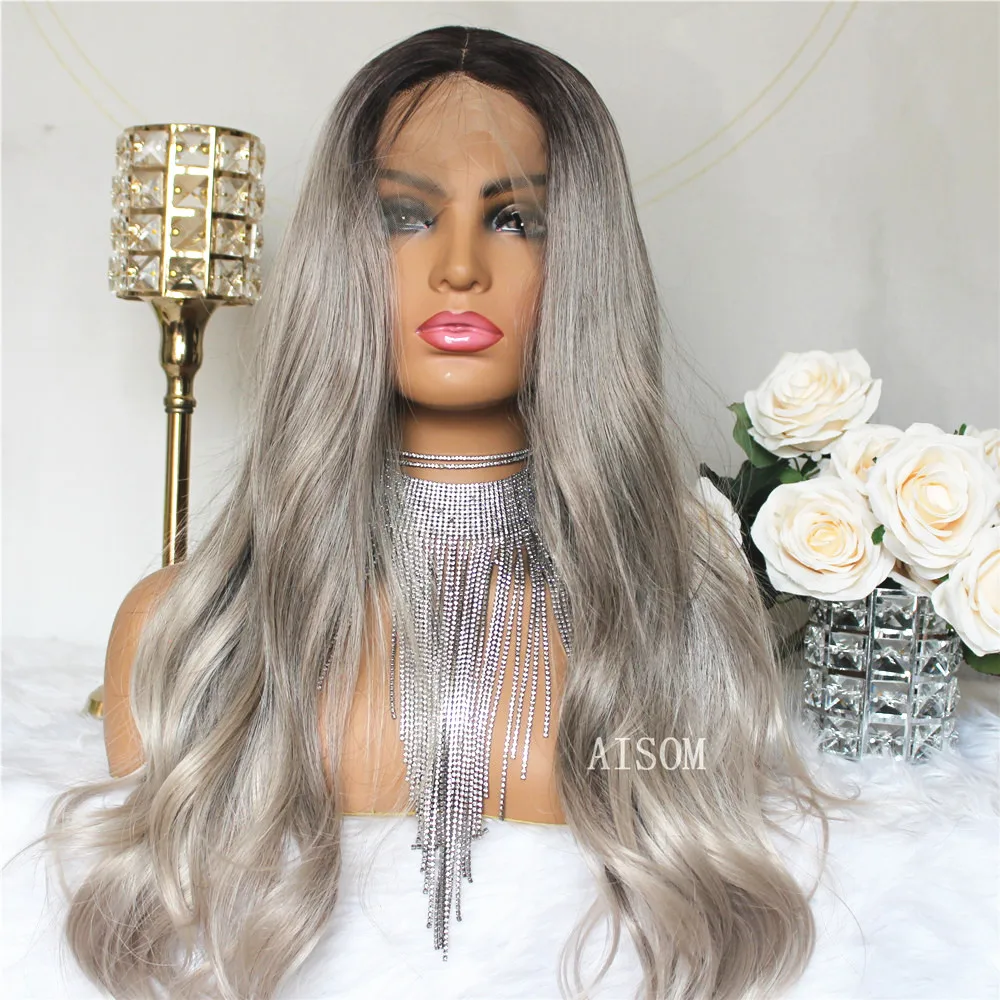 13x4 Transparent Lace Wigs For Women Synthetic Lace Wig Body Wave Pre Plucked Ash Grey Colored Wigs Long Wavy 180 Density