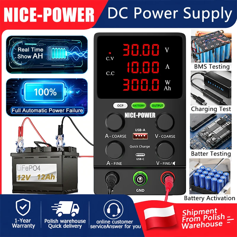 NICE-POWER Alimentatore DC per Ricarica Batterie al Litio 6V 12V 24V 30V 48V 60V 72V 120V con Display AH in Tempo Reale, Spegnimento Automatico, Protezione da Sovracorrente OCP, Test BMS, Test