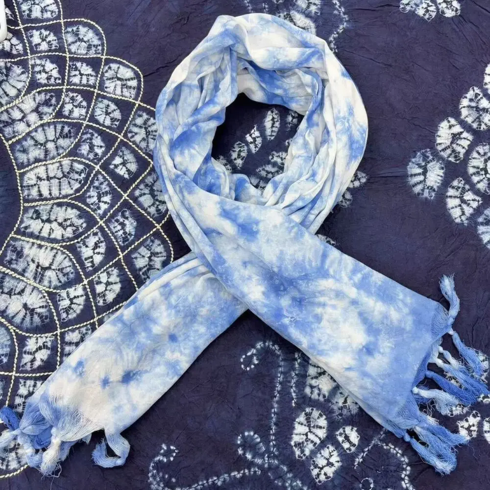 Handmade Tie Dye Scarf Yunnan Blue Print Shawl Cotton Linen Breathable Sunscreen Wrap Retro Traditional Style Unisex Stole