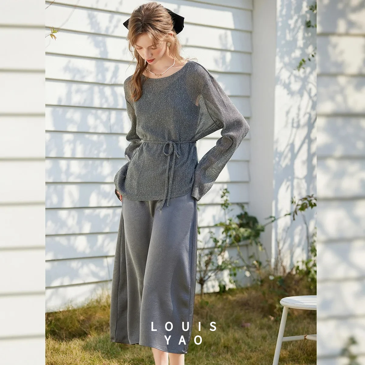 

LOUISYAO 2026 Spring Autumn Mesh Long Sleeve Top Slip Dress Two Piece Set Women French Dress Outfit