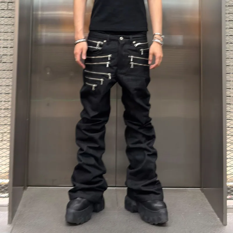 HKSH Spring Autumn New Men's Dark Tide Chic Ins Punk Zippers Jeans Vintage Slim Fit Flared Stacked Original Denim Pants HK25526