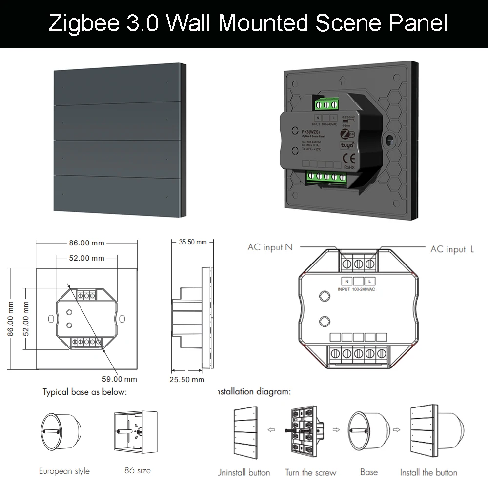 ZigBee 3.0 LED Controller 5CH 12V 24V 36V Indoor Lighting Dimmer KIT Voice APP Smart Control 8 Button Wall Mounted Scene Panel