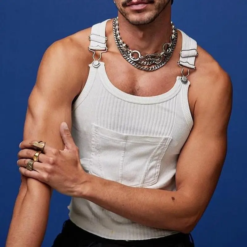 

New stretch slim T-shirt fashionable knitted solid color top trendy street pocket sling vest