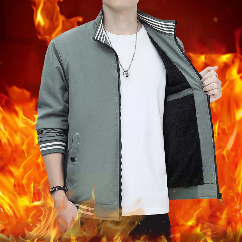 

Men Jackets Coats Thick Jacket Full Sleeve Solid Stand Collar Casual Regular Baseball Jacket Solid Color Zipper Large Size Top