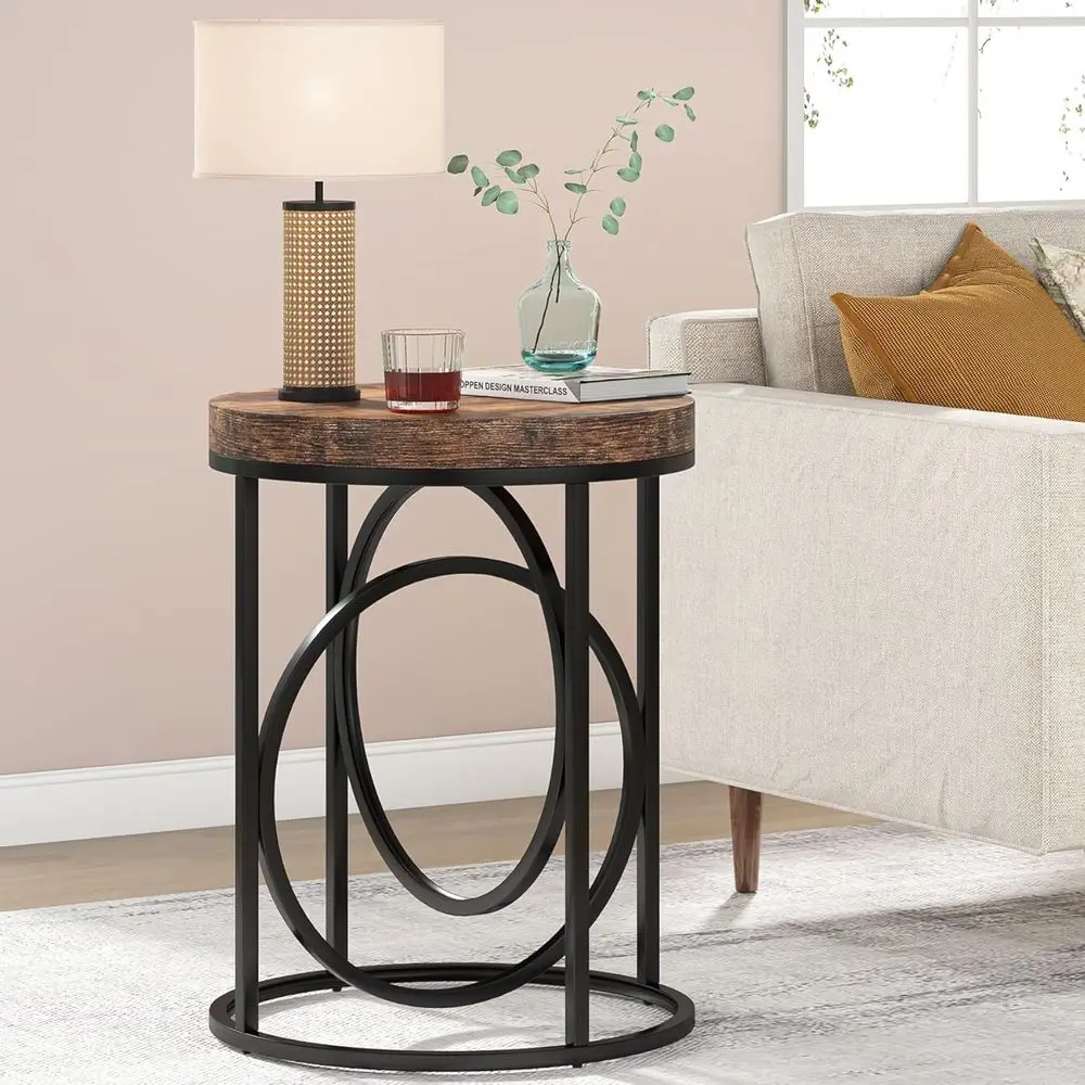 

20-Inch Wide Industrial-Style Metal and Wood Accent Table for Living Room or Bedroom (Rustic Brown)