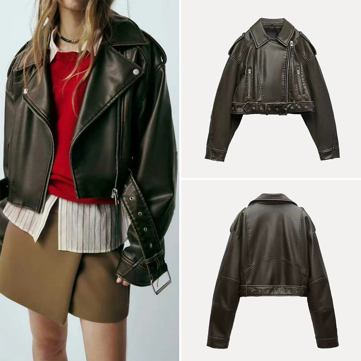 

Z Women's Faion Flip Collar Loose Leather Motorcycle Jaet Outerwear Stand Fit ort Sle Zipper Closure