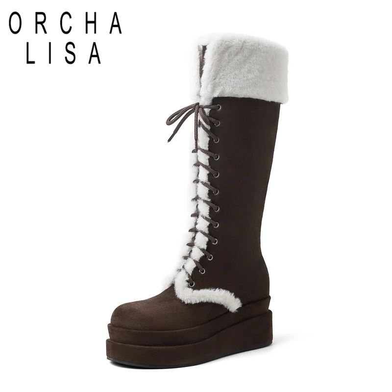 

ORCHA LISA Flock Suede Women Winter Knee High Boots Round Toe Double Platform Thick Heels 7cm Lace Up Warm Wool Bota Big Size 42