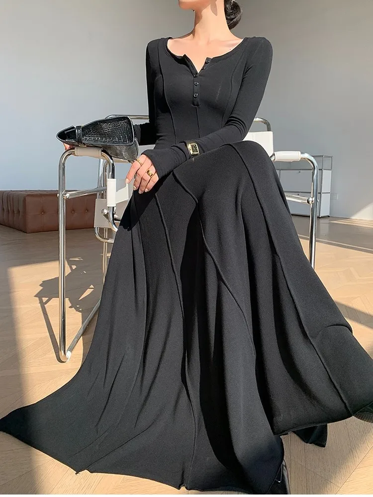 

Women's Casual Knitted Dresses Long Sleeves Square Collar A-line Summer Maxi Dress Korean Fashion Solid Vestidos Mujer New