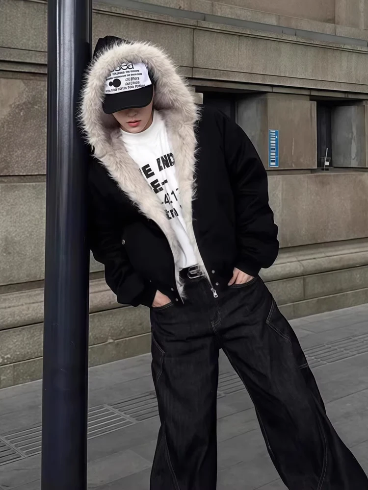 الشتاء Thiened الدافئة القطن Jaet الرجال ort Sle مقنعين الفراء طوق الأمريكية Sle معطف جلد الشباب Faion الوقوف صالح #3