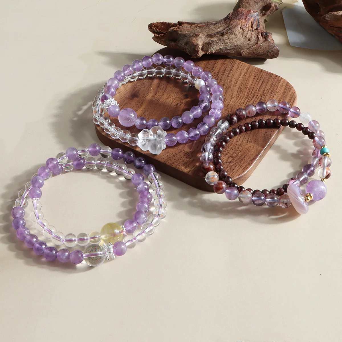

Natural Amethyst Amethyst Ghost with White Crystal Double Bracelets Pixiu Running Ring Double Circle Chinese Trendy Hand String